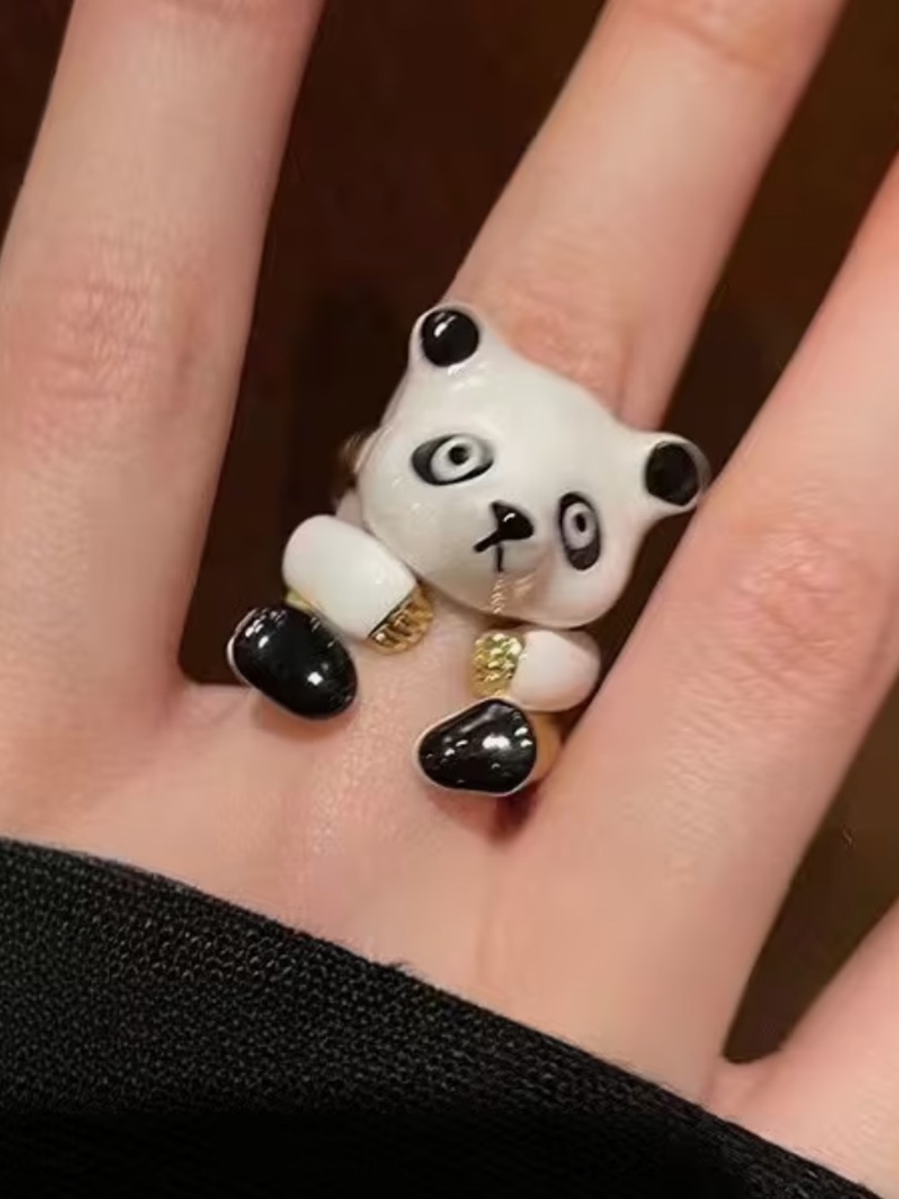 Panda Bear Ring - Black & White Enamel 3 Piece Adjustable